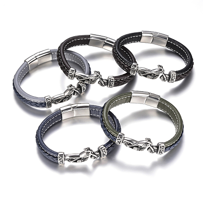 Men's Braided Leather Cord Bracelets, with 304 Stainless Steel Findings and Magnetic Clasps, Motorbike