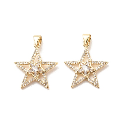 Brass Micro Pave Clear Cubic Zirconia Pendants, Cadmium Free & Lead Free, Star