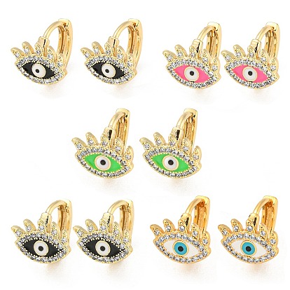 Eye Real 18K Gold Plated Brass Hoop Earrings, with Enamel and Clear Cubic Zirconia