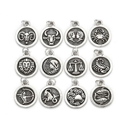 Brass Pendant Sets, with Jump Rings, Long-Lasting Plated, Flat Round with 12 Constellation/Zodiac Sign