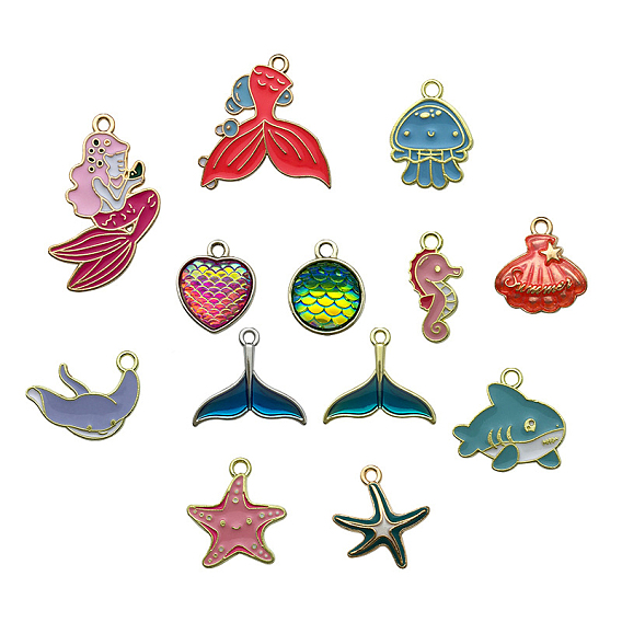 Alloy Enamel Pendants, Ocean Theme, Mermaid & Sea Horse & Starfish & Shell & Shark & Tail & Dolphin Charm