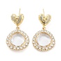 Brass with Glass Dangle Stud Earrings, Heart with Flat Round