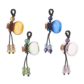 Lucky Bag Shape Glass Cork Bottle Pendants Decorations, Wishing Bottle with Gemstone Beads & Nylon Braided Strap