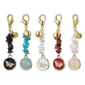 Flat Round with Butterfly Alloy Enamel Pendant Decorations, Genstone Chips Bead and Zinc Alloy Lobster Claw Clasps Charm