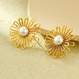 304 Stainless Steel ABS pearl Stud Earrings, Flower