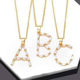 Unisex Brass Micro Pave Clear Cubic Zirconia Pendant Necklaces with Cable Chain, Letter