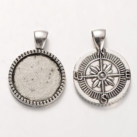 Tibetan Style Alloy Pendant Cabochon Settings, Cadmium Free & Lead Free, Flat Round Carved Compass, 32x24x3mm, Hole: 5x7mm, Tray: 20mm, about 227pcs/kg