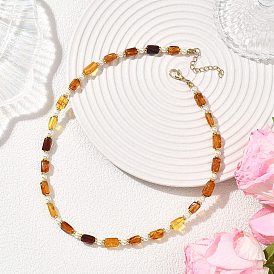 Ожерелья из прямоугольных бусин из натурального янтаря и круглых белых ракушечных жемчужин, с 304 концевыми цепями из нержавеющей стали, золотые