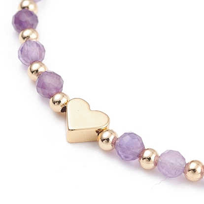 Round Faceted Natural Mixed Stone Beaded Bracelet, Golden Heart Beads Bracelet for Girl Women