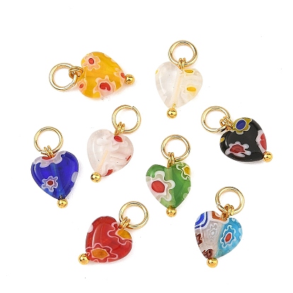 304 Acero inoxidable con colgantes de vidrio millefiori hechos a mano, corazón con dijes de flores, dorado