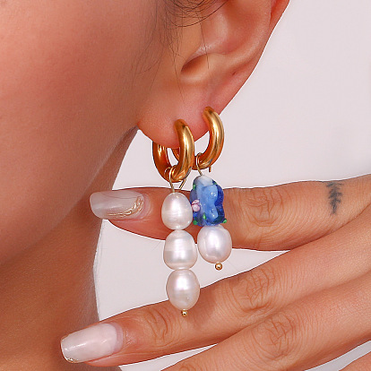 Asymmetric Freshwater Pearl Flower Earrings, Minimalist Gold Plated Stainless Steel Jewelry for Women