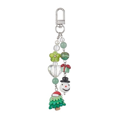 Décorations de noël faites à la main au chalumeau, avec résine et perles d'aventurine verte, fermoirs pivotants en alliage, arbre de Noël/bonhomme de neige
