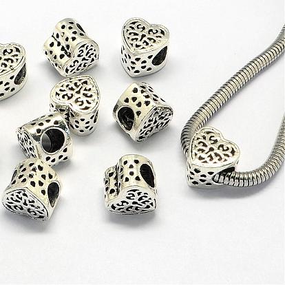 Alloy European Beads, Large Hole Beads, Heart, Hollow, 10.5x10.5x8mm, Hole: 5mm