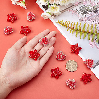 SUPERFINDINGS 12Pcs 2 Style Resin Beads for Valentine's Day, with Crystal Rhinestone, Imitation Candy Food Style, Heart & Star