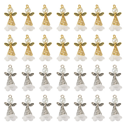 60 шт. 2 Цветные подвески-ангелы из матового акрила, со стеклянными жемчужными бусинами и крылышками из сплава в тибетском стиле