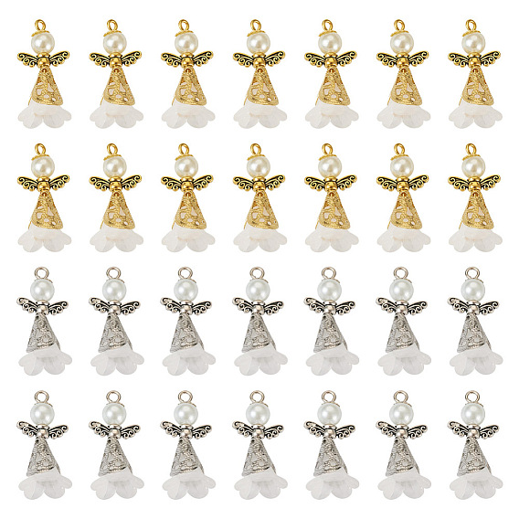 60 шт. 2 Цветные подвески-ангелы из матового акрила, со стеклянными жемчужными бусинами и крылышками из сплава в тибетском стиле