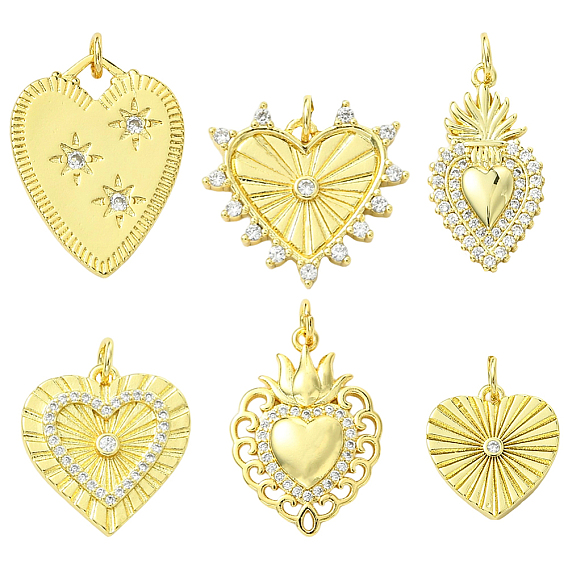 6шт. 6 стили подвески из латуни и циркония с покрытием стойки, без кадмия и без свинца, долговечный, сердце, с целью перехода в кольце