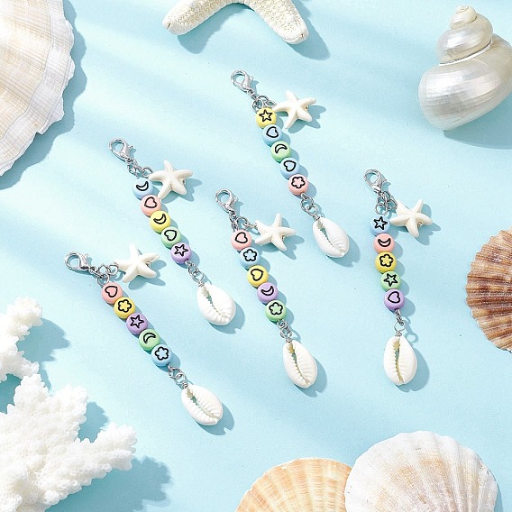 Подвеска в виде морской звезды из синтетической бирюзы и натуральных смешанных ракушек каури, с акриловой бусиной и застежками-карабинами из цинкового сплава