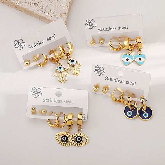 3 пары 304 комплекты серег от сглаза из нержавеющей стали с эмалью, золотые