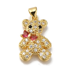 Rack Plating Brass Micro Pave Clear Cubic Zirconia Pendants, Long-Lasting Plated, Cadmium Free & Lead Free, Bear