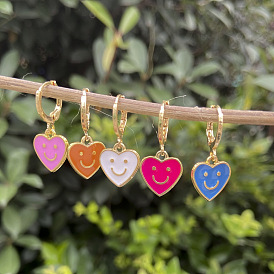 Enamel Heart with Similing Face Dangle Leverback Earrings, Gold Plated Alloy Jewelry for Women