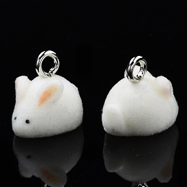 Flocky Resin Pendants, with Platinum Plated Iron Loops, Rabbit
