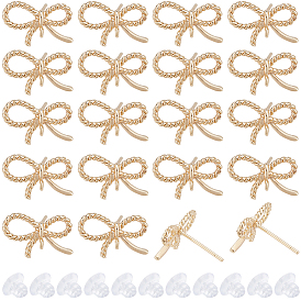 20Pcs Brass Stud Earrings Findings, with Loops, Nickel Free, Bowknot