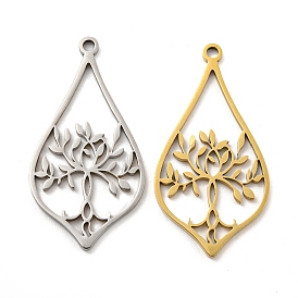 Ion Plating(IP) 304 Stainless Steel Pendants, Laser Cut, Teardrop with Tree Charm
