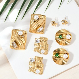 304 из нержавеющей стали кубического циркония серьги стержня, с пластиковой имитационной жемчужиной, реальный 18 k позолоченный