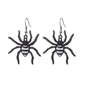 Halloween Themed Spider Alloy Enamel Dangle Earrings, with Iron Earring Hooks, Black