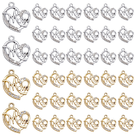 40Pcs 2 Colors Alloy Rhinestone Pendants, Heart with Word Mom