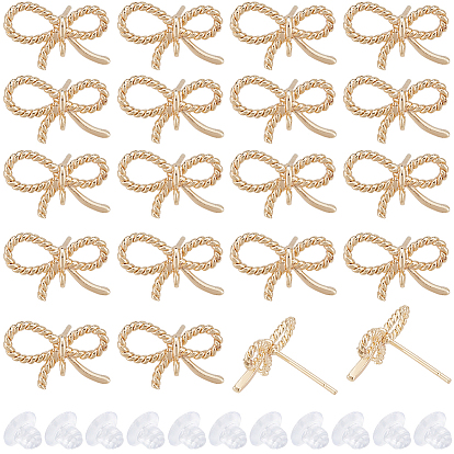 20Pcs Brass Stud Earrings Findings, with Loops, Nickel Free, Bowknot
