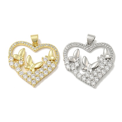 Rack Plating Brass Micro Pave Cubic Zirconia Pendants, Long-Lasting Plated, Lead Free & Cadmium Free, Heart with Butterfly Charms