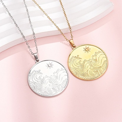 304 Stainless Steel Coin with Sea Wave Pattern Pendant Cable Chain Necklaces for Men Women