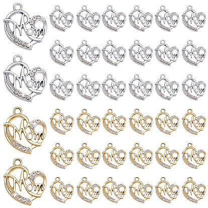 40Pcs 2 Colors Alloy Rhinestone Pendants, Heart with Word Mom
