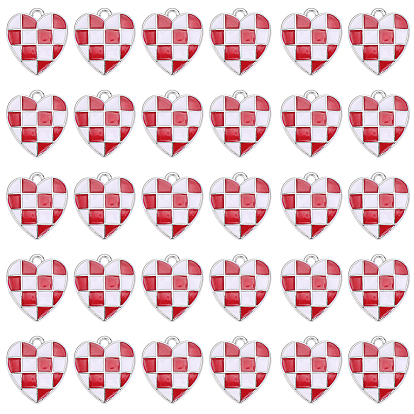 30 piezas colgantes de aleación de esmalte, Corazón con dijes de patrón de tartán, Platino