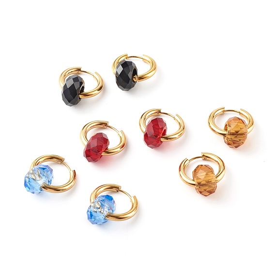 304 Stainless Steel Huggie Hoop Earrings, with Glass European Beads, Faceted, Rondelle, Golden
