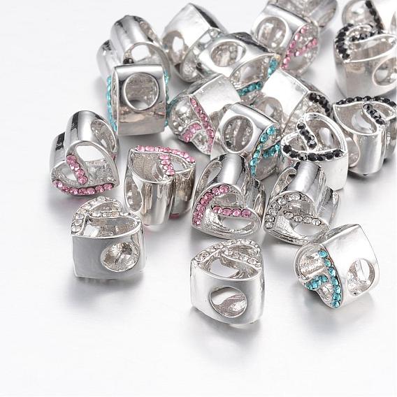 Alloy Rhinestone European Beads, Large Hole Beads, Heart, Platinum