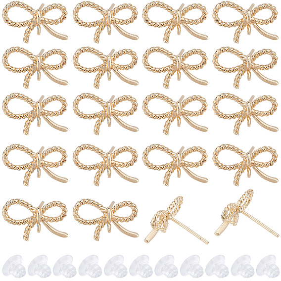 20Pcs Brass Stud Earrings Findings, with Loops, Nickel Free, Bowknot