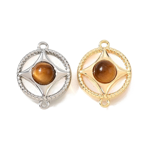 Подвески-коннекторы из латуни с плоскими круглыми звеньями и драгоценными камнями и натуральной раковиной.