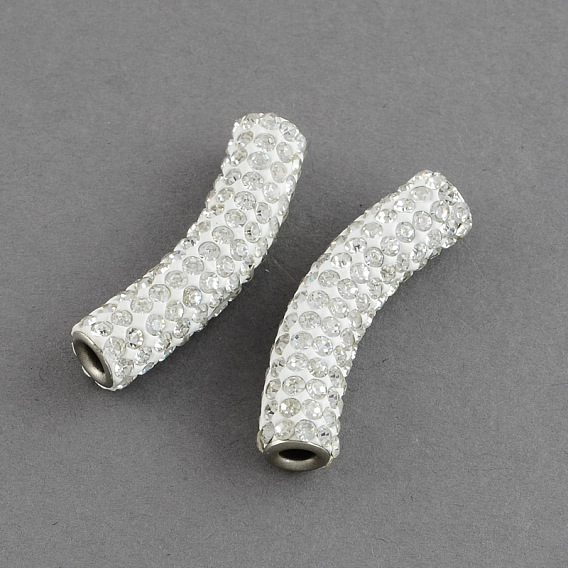 Polymer Clay Grade A Rhinestone Curve Tube Beads, with Double Brass Platinum Color Core, 35~36x8.5mm, Hole: 3.5mm