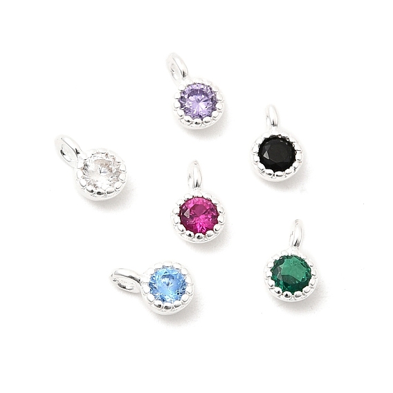 925 Подвески из стерлингового серебра с инкрустацией кубическим цирконием, плоские круглые, серебряный цвет гальваническим, с печатью 925