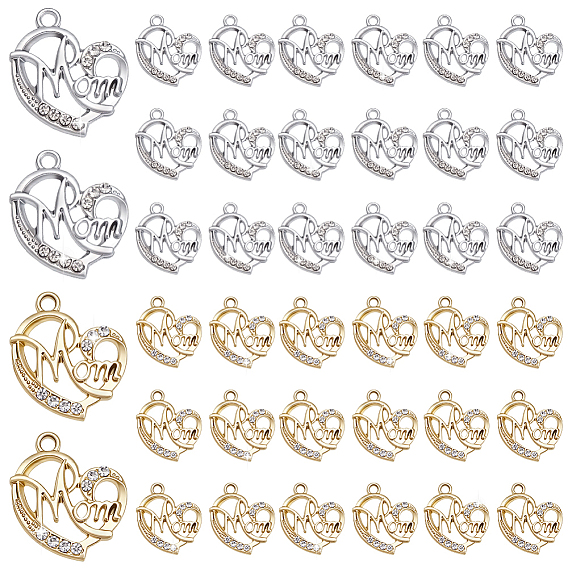 40 pcs 2 pendentifs en strass en alliage de couleurs, coeur avec le mot maman