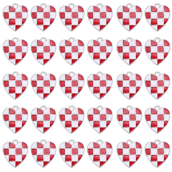 30Pcs Alloy Enamel Pendants, Heart with Tartan Pattern Charms, Platinum
