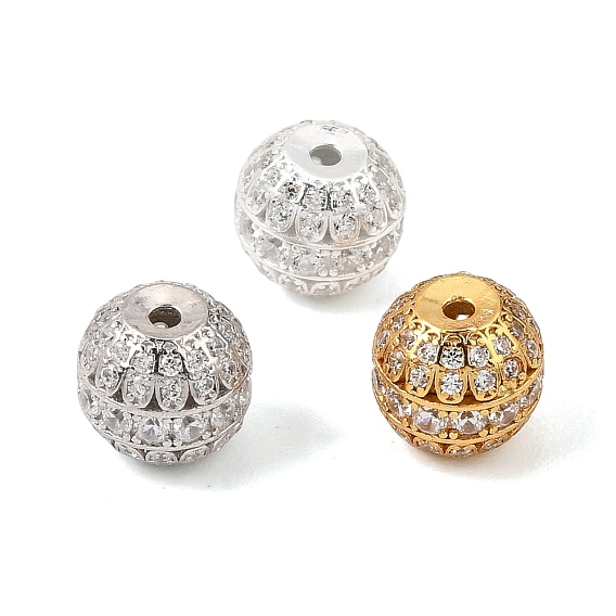 925 Sterling Silver Micro Pave Clear Cubic Zirconia Beads, Rack Plating, Long-Lasting Plated, Round, with 925 Stamp