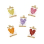Romantic Glass Seed Bead Pendants, Rectangle with Heart Charm, with 304 Stainless Steel Open Jump Rings