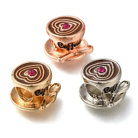 Rack Plating Alloy Enamel European Beads, with Rhinestone, Large Hole Beads, Coffee Cup with Heart