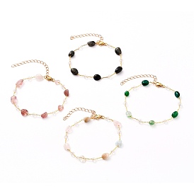 Nuggets Natural Gemstone Beaded Bracelets, with Glass Beads, Brass Cable Chains and 304 Stainless Steel Lobster Claw Clasps
