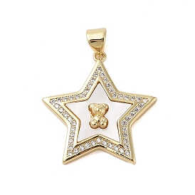 Brass Micro Pave Clear Cubic Zirconia Pendants, with Shell, Star