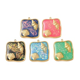 304 подвески из нержавеющей стали, эпоксидной смолы, с натуральными ракушками и пайетками внутри, квадрат с подвесками в форме ракушек, реальный 18 k позолоченный, вакуумное покрытие pvd